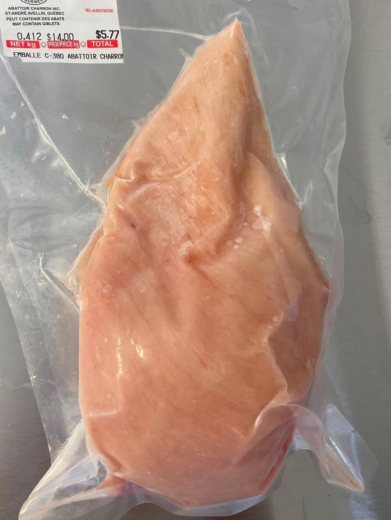 A chicken breast, packaged